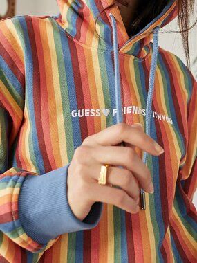 🌈 GUESS x FriendsWithYou Rainbow Stripe Hoodie 100% Cotton Medium